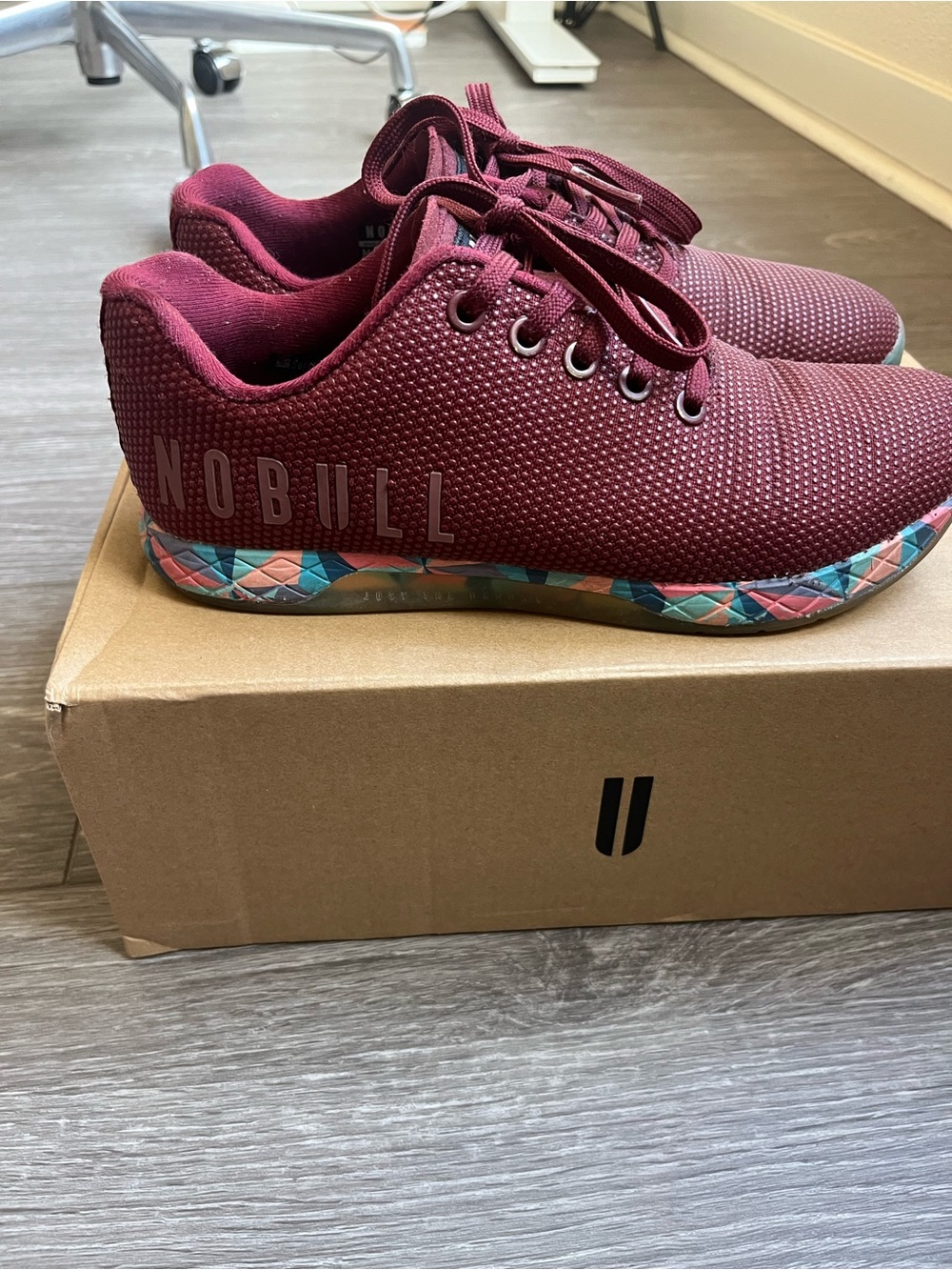 NOBULL Burgundy Knit Trainer with Multicolor Geometric Midsole